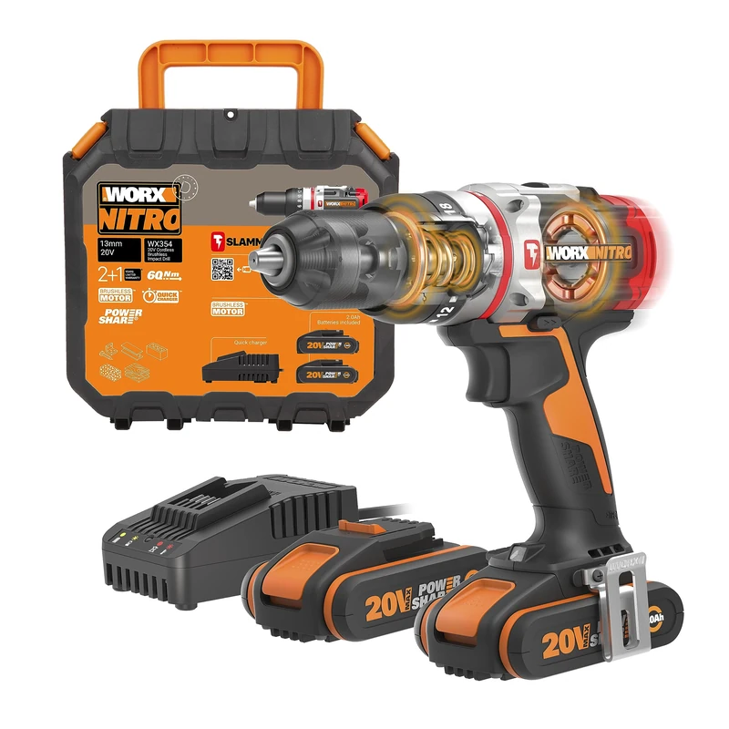 WORX 20V WX354 Cordless Brushless Impact Drill, 2 in 1, Active Hammer Technology, Adjustable Torque, 60 Nm, Chuck 13 mm, for All Materials, with 2 x 2Ah Battery and Charger