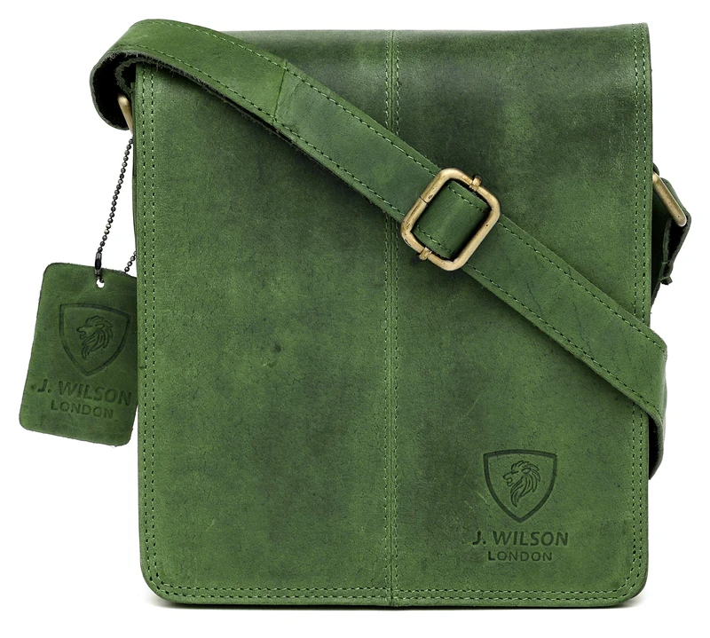 J. Wilson London 100% Pure Genuine Real Vintage Hunter Leather Handmade Mens Leather Flapover Everyday Crossover Shoulder Work Tablet Messenger Bag (Distressed Green)