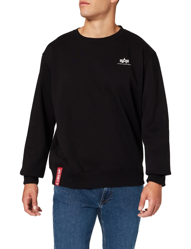 Alpha Industries Men's Basic Sweater Small Logo Neon Print, Black/Neon Orange, M