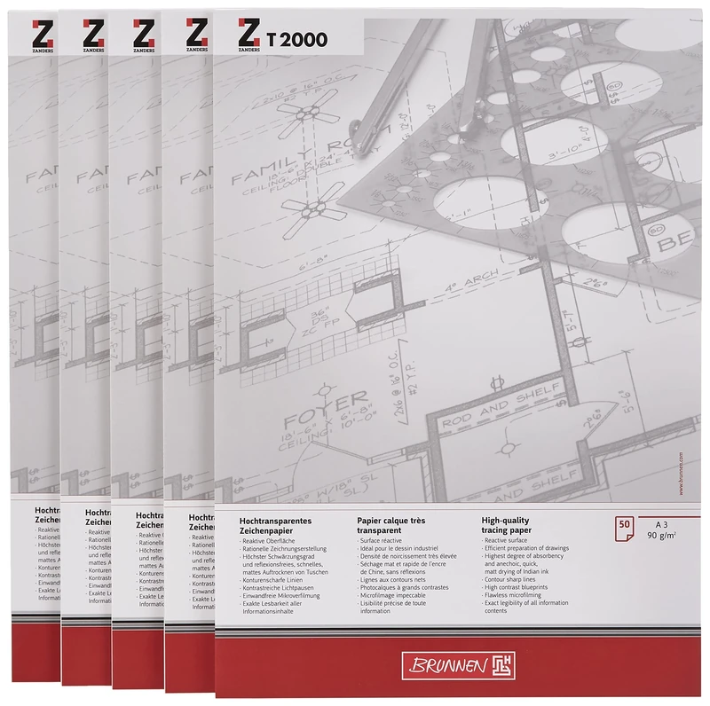 Brunnen Drawing Pad A3 90 g T2000 50 Sheets Pack of 5