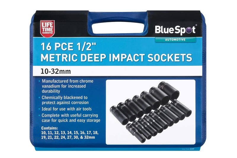Blue Spot Tools 01550 16PCE 1/2" Metric Deep Impact Sockets (10-32mm)