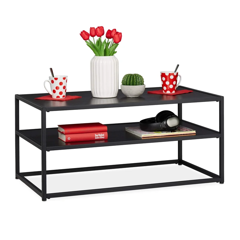 Relaxdays Coffee Table, Rectangular & Low, Shelf, MDF & Metal, Modern Living Room Table, HWD 42 x 90 x 50 cm, Black
