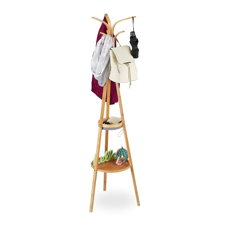 Relaxdays Coat Stand, Modern Bamboo Garment Rack, 2 Trays, 6 Hooks, Tree Design, 178 x 50 x 50 cm, Natural