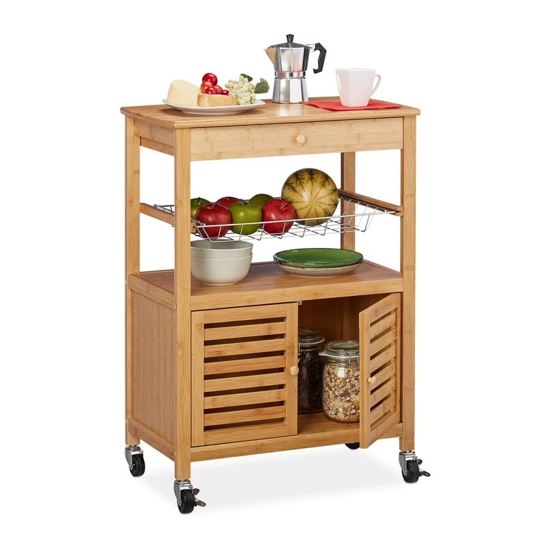Relaxdays Bamboo Kitchen Trolley, Worktop, Cabinet & Basket, Serving Cart on Castors, HWD: 82 x 59.5 x 35 cm, Natural