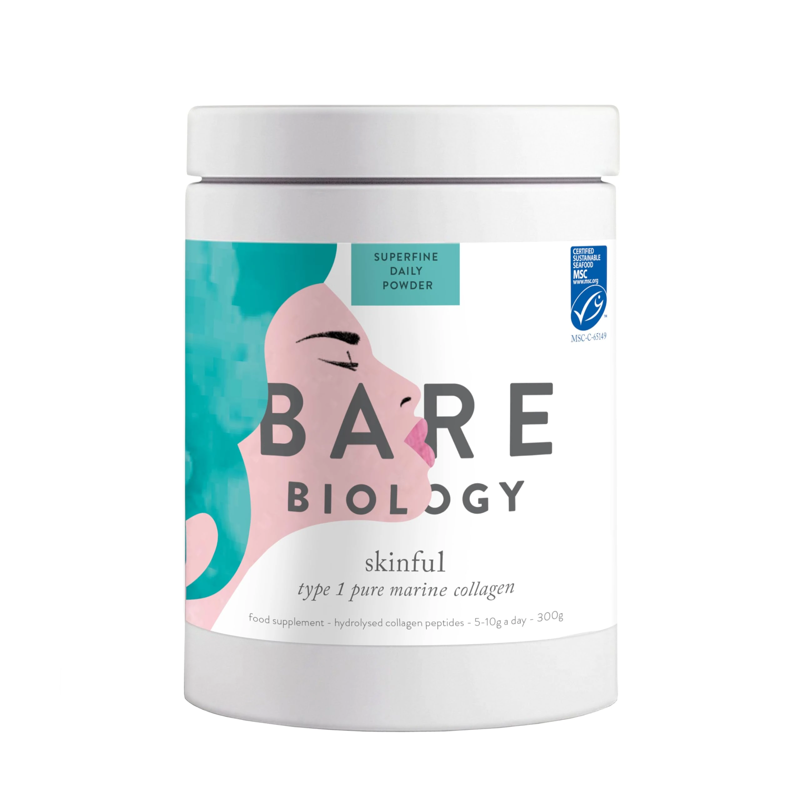 Bare Biology Skinful Pure Marine Collagen Powder. Quality Type 1 Peptide Collagen Supplements for Women. 300g/60 Servings.