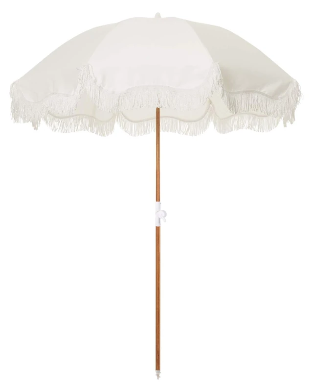 Business & Pleasure Co. Holiday Umbrella - Boho Beach Umbrella with White Fringe - UPF 50+ - Premium Wood Pole & Adjustable Hinge - 5’ x 6.5’, Antique White