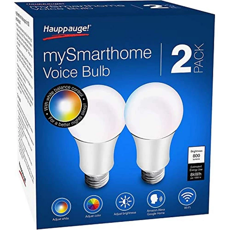 Hauppauge mySmarthome Voice Bulb, Pack of 2 WiFi LED RGB-w, Voice Control Amazon Alexa, Echo, Dot, Google Home, Brightness/Colour Controllable via APP, 01673 - Image 1