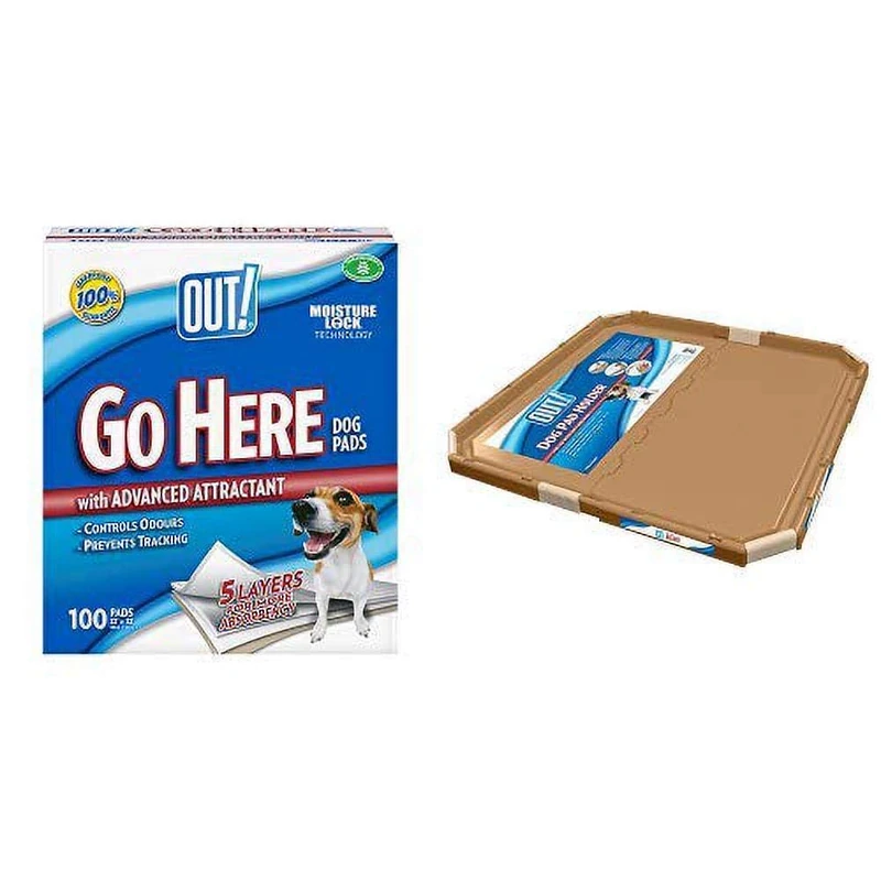 OUT! Go Here Absorbent Dog and Puppy Training Pads + Pad Holder
