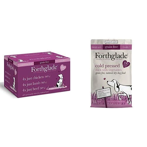 Forthglade 100% Natural Grain Free Complementary Wet Dog Food Just 90% Meat, Variety Pack, 395 g (12 Pack) + Cold Pressed Dry Dog Food with Duck and Vegetables (6kg Bag)