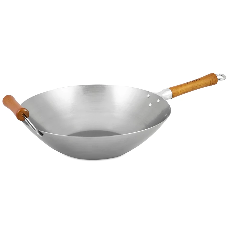 Ken Hom Carbon Steel Wok, 36cm, Excellence, Induction Hobs Suitable/Natural Patina Non-Stick/Beech Handle/Metal Tool Safe, Includes 1 x Chinese Wok Frying Pan,