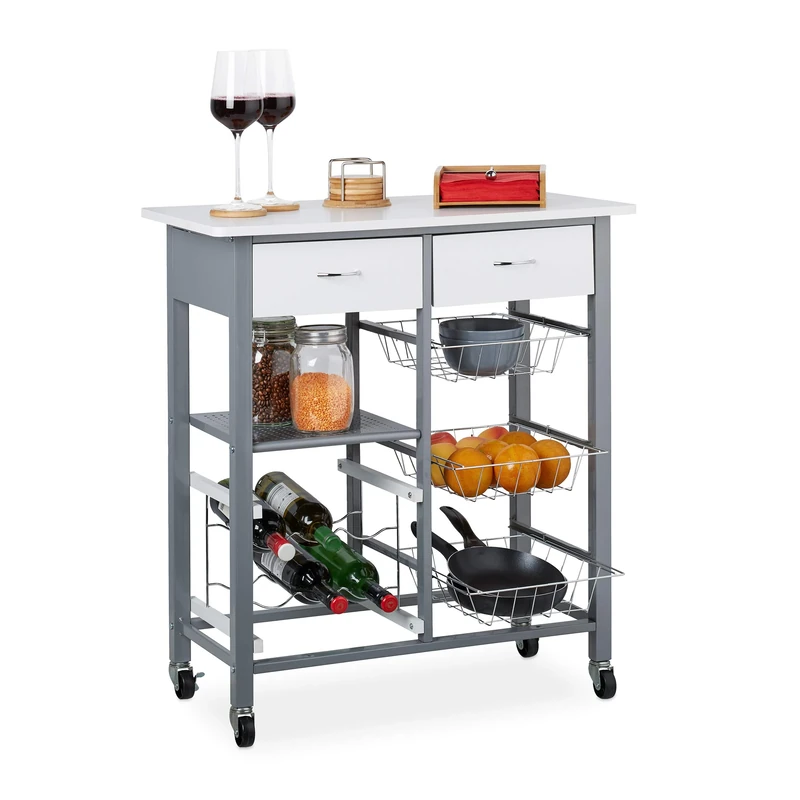 Relaxdays 10025972 Kitchen Trolley, 2 Drawers, 3 Baskets, Wine Rack, Shelf, Serving Cart with Worktop, HWD: 84x76x40 cm, White, Wood