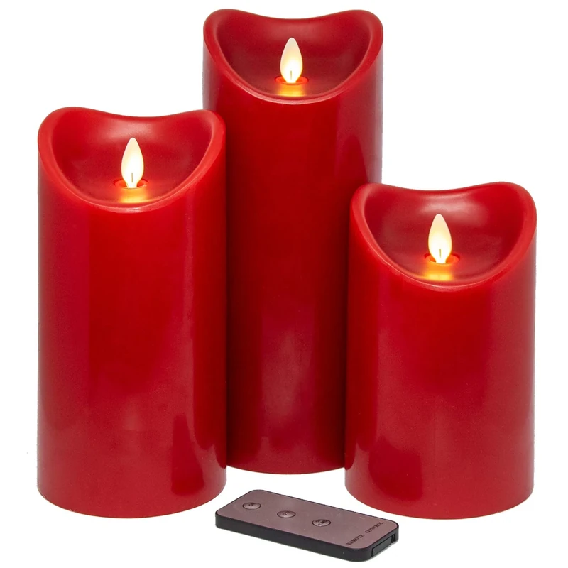 TRONJE Set of 3 LED Candles with Timer and Remote Control - Red Pillar Wax Candles Ø9x15/19/23cm Moving Flame - Battery Operated Burn Time 1000h