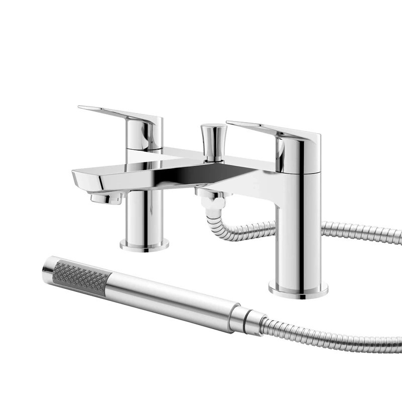 Hudson Reed DRI304 Drift ǀ Modern Bathroom Round Deck Mounted Double Handle Bath Shower Mixer with Shower Kit and Wall Bracket, 134mm x 230mm, Chrome