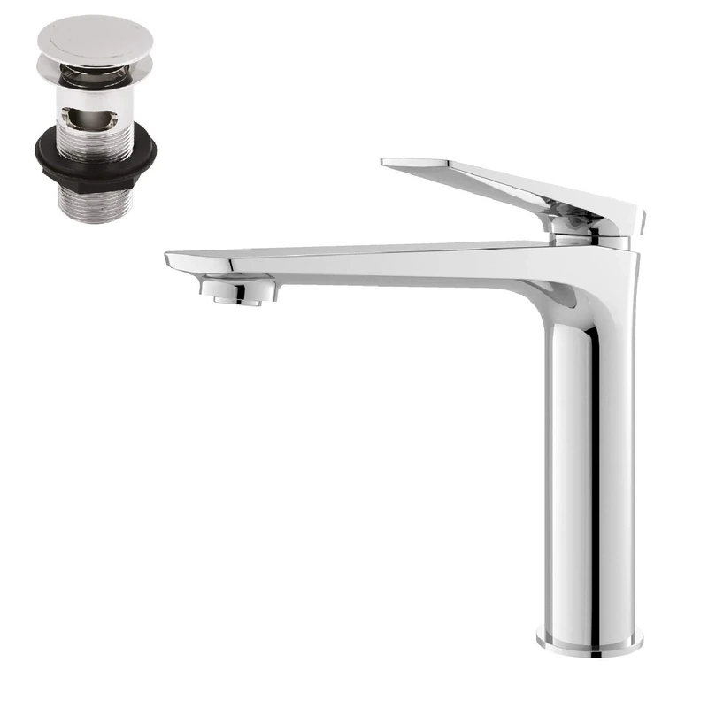 Hudson Reed DRI370 Drift ǀ Modern Bathroom Round Single Lever Tall High Rise Mono Basin Mixer Tap with Push Button Waste, 225mm x 50mm, Chrome