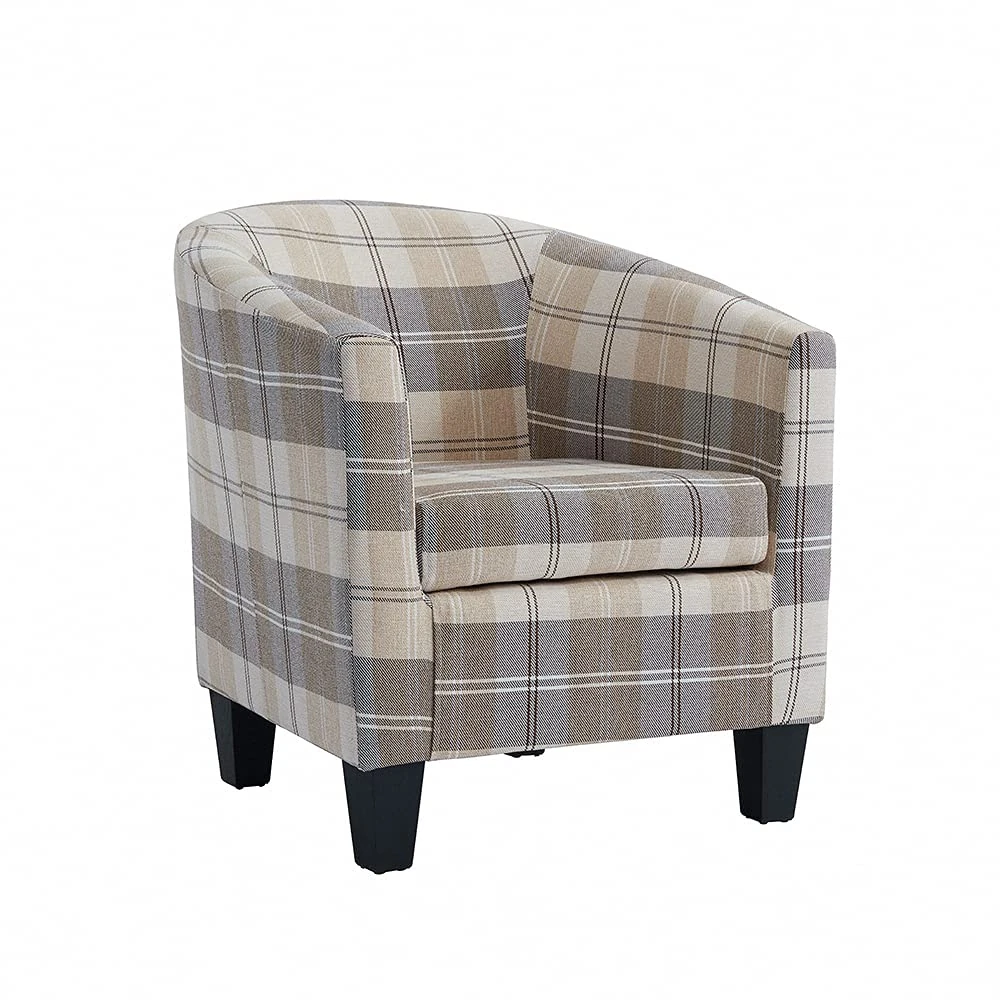 Home Detail Modern Tub Chair, Accent Bedroom Seat, Living Room Chair, Dining Chairs, Small Armchair or Occasional Chairs in Beige Tartan Fabric