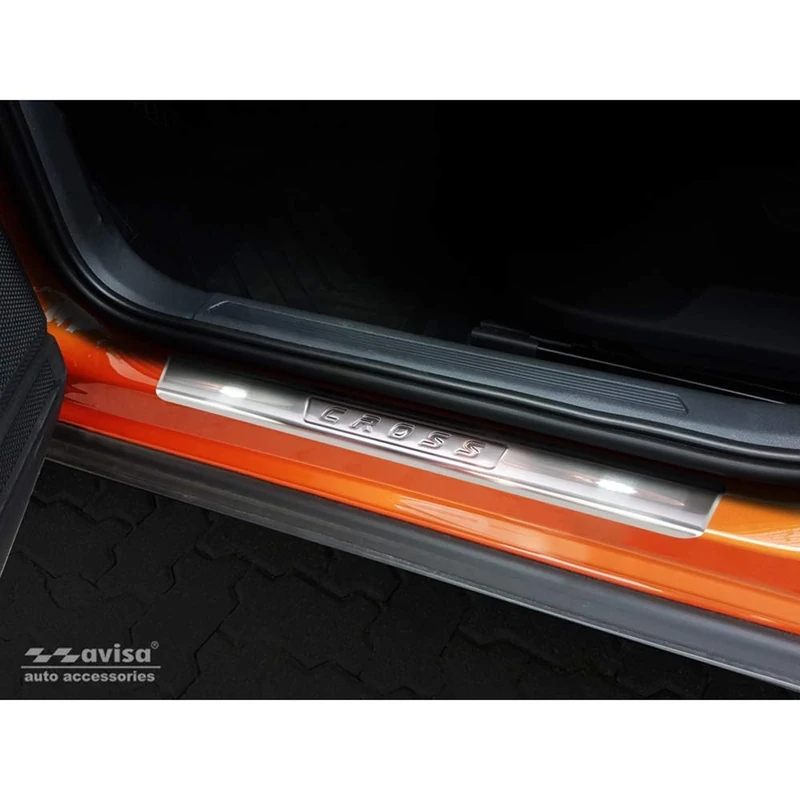 Avisa Inox door sill protectors compatible with Volkswagen T-Cross 2019-2024 & FL 2024- 'Cross' 4-pieces