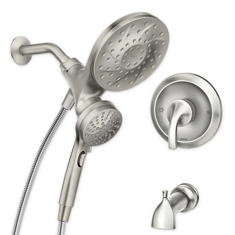 Moen Engage Magnetix Spot Resist Brushed Nickel Multi-Function Handshower and Rainfall Shower Head Trim Combo with Shower Handle, Tub Spout, Metal Hose and Valve, 82304SRN