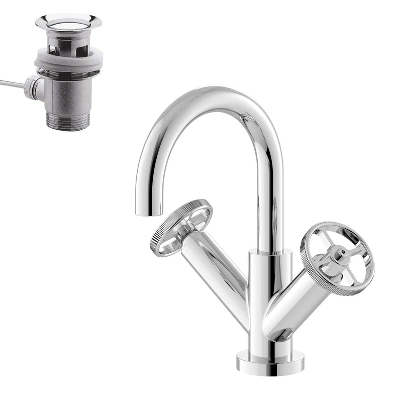 Hudson Reed TIW315 Revolution ǀ Modern Bathroom Industrial Inspired Mono Basin Mixer Tap with Two Round Handles, Swivel Spout and Pop-Up Waste, 217mm x 230mm, Chrome