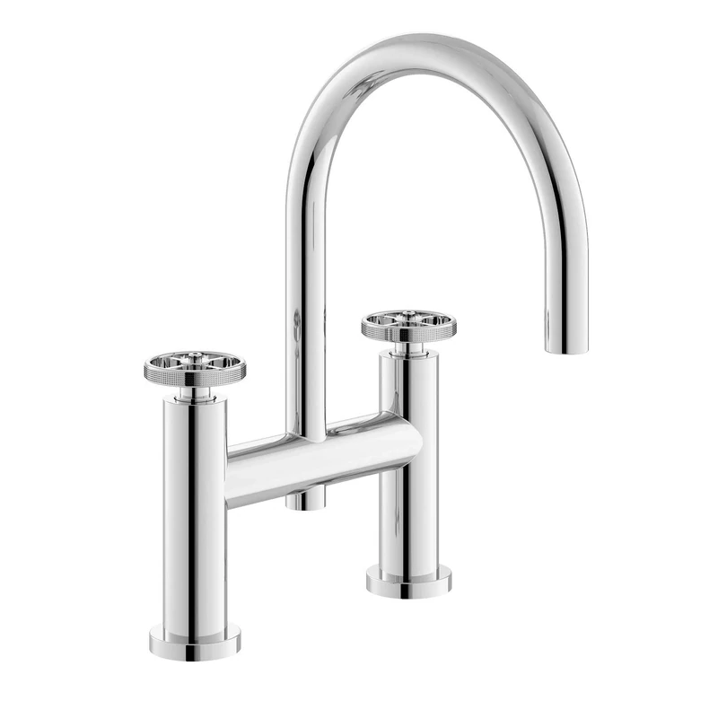 Hudson Reed TIW353 Revolution ǀ Modern Bathroom Industrial Inspired Deck Mounted Bath Filler Tap with Two Round Handles, 319mm x 230mm, Chrome