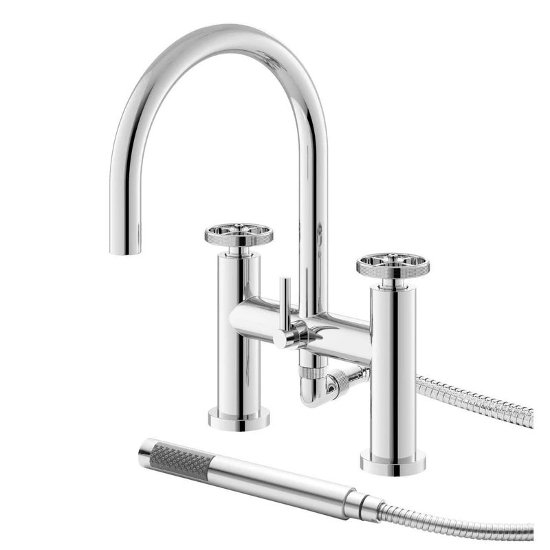 Hudson Reed TIW354 Revolution ǀ Modern Bathroom Industrial Inspired Deck Mounted Bath Shower Mixer Tap with Two Round Handles, Swivel Spout, Shower Kit and Wall Bracket, 319mm x 230mm, Chrome