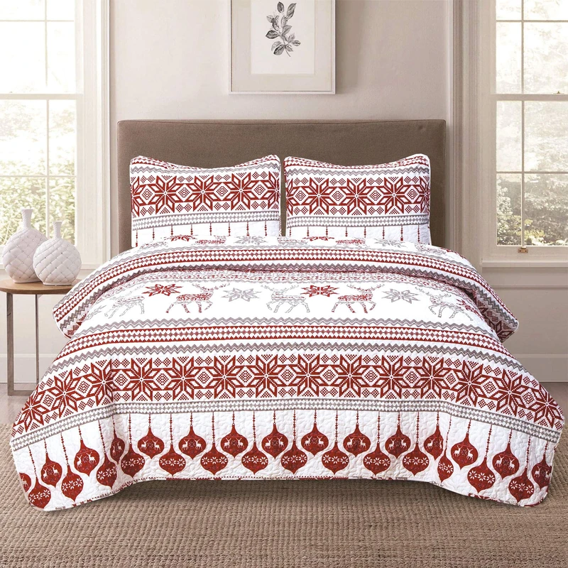 HowPlum Winter Holiday Full/Queen Quilt Bedding Set Red Grey White Christmas Ornament Reindeer