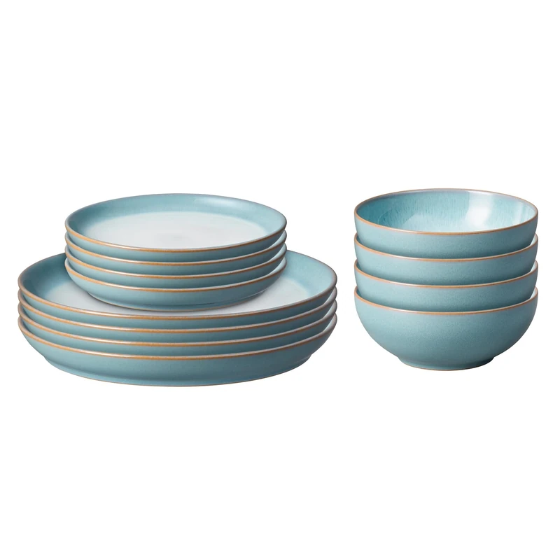 Denby - Azure Blue Dinner Set for 4-12 Piece Ceramic Tableware Set Blue, White - Dishwasher Microwave Safe Ceramic, Stoneware Crockery - Includes 4 x Dinner Plates, Small Plates, Cereal Bowls