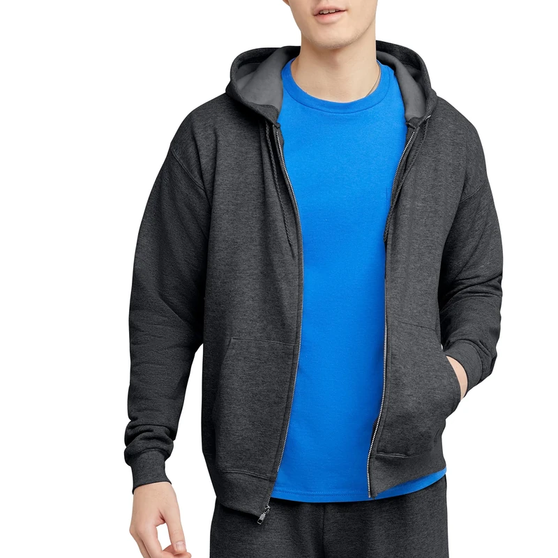Hanes Men's, EcoSmart Fleece Full-Zip Hoodie, Hooded Sweatshirt, Charcoal Heather, M