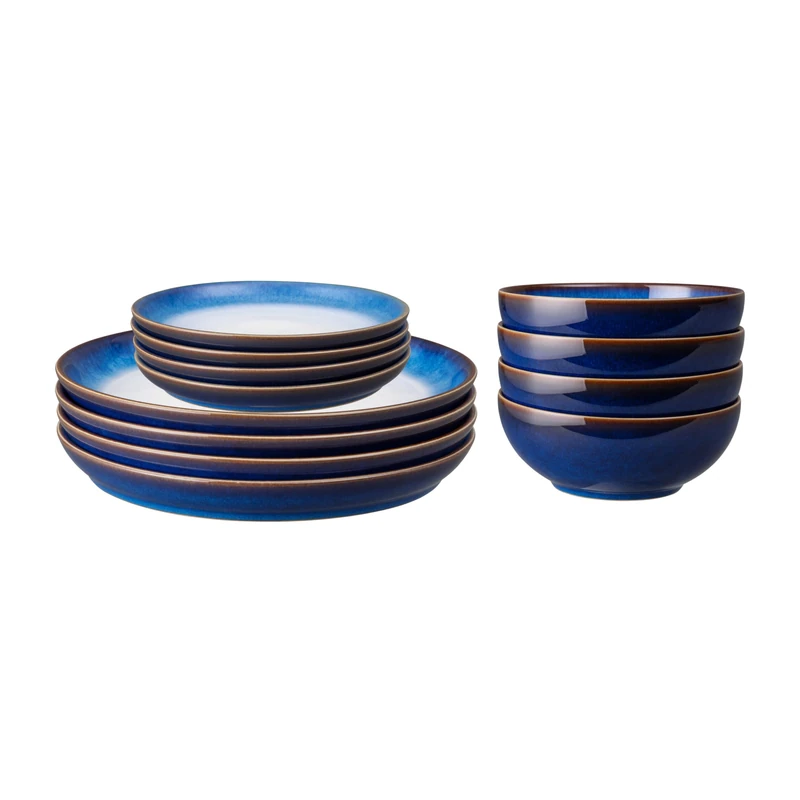 Denby - Blue Haze Dinner Set for 4-12 Piece Ceramic Coupe Tableware - Blue Glaze Plate and Bowl Set - Dishwasher Microwave Safe Crockery - Includes 4 x Dinner Plates, Small Plates, Cereal Bowls