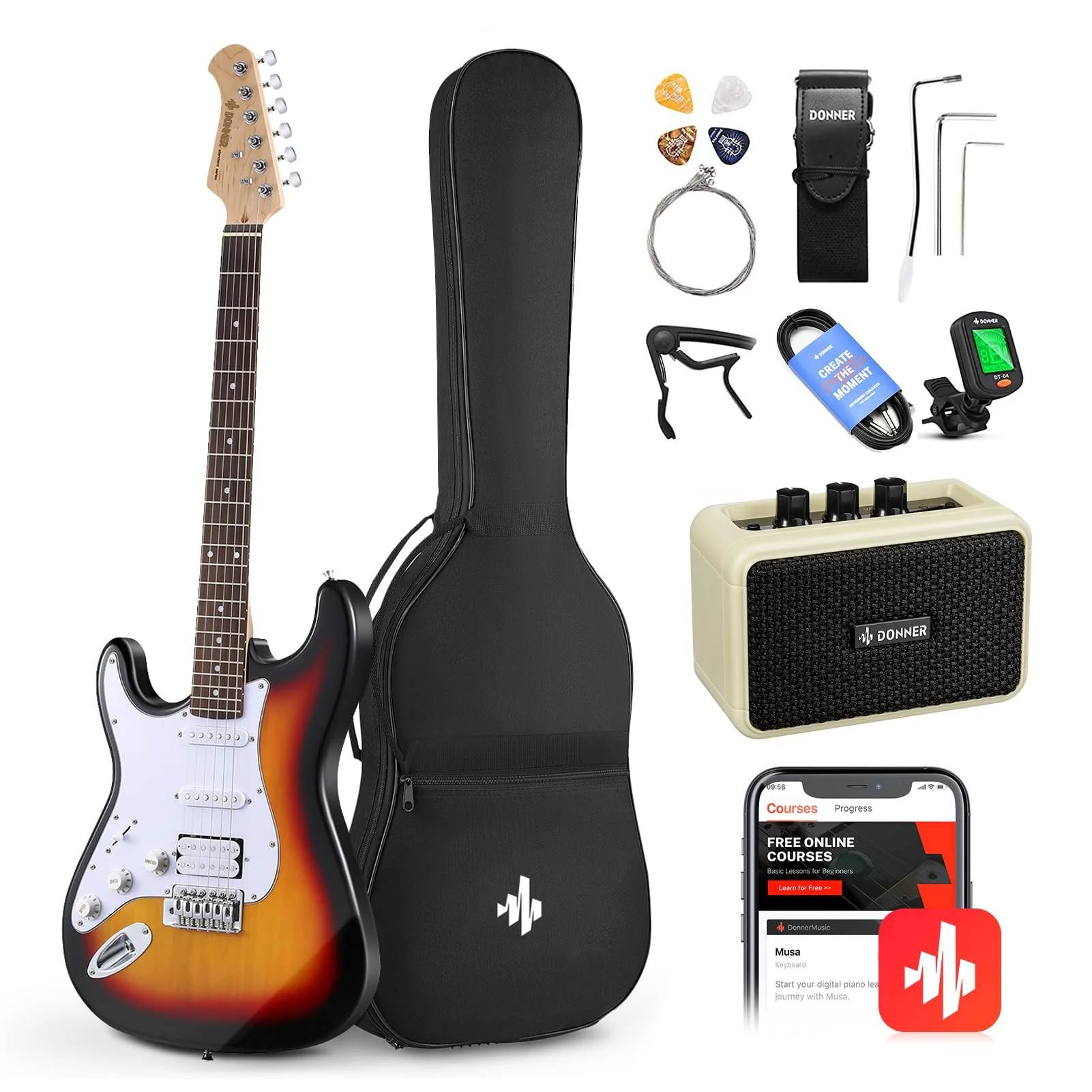 Donner 39 Inch Left-Handed Electric Guitar Kit Solid Body Sunburst Lefty Beginner Set Full-Size with Amplifier Bag Capo Strap String Tuner Cable Picks DST-100SL