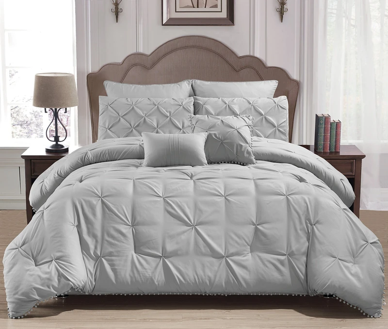 Home Maison Esmalinda Pintucked 7 Piece Comforter Set, Polyester, Grey, King