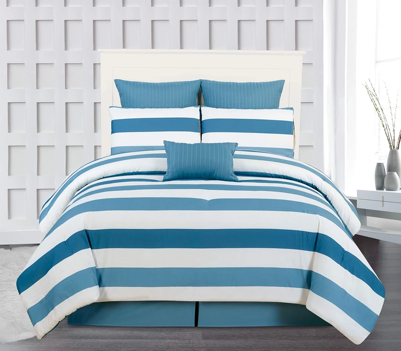 Duck River Darby Striped 7 Piece Comforter Set, Blue-Navy, 90x90