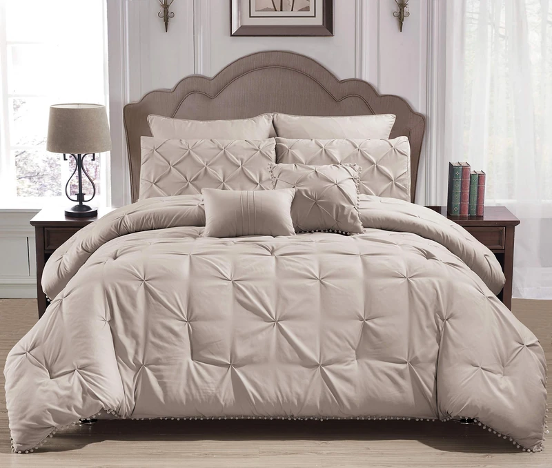 Home Maison Esmalinda Pintucked 7 Piece Comforter Set, Taupe, Queen