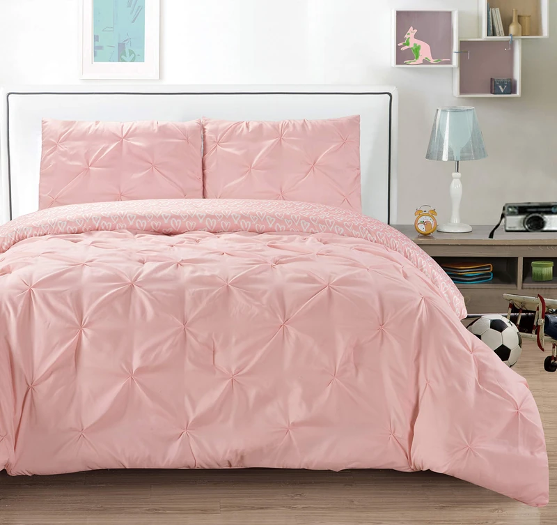Lala + Bash Ferrah Pin Tuck/Heart Reversible 3 Piece Duvet Set, Pink, Full/Queen