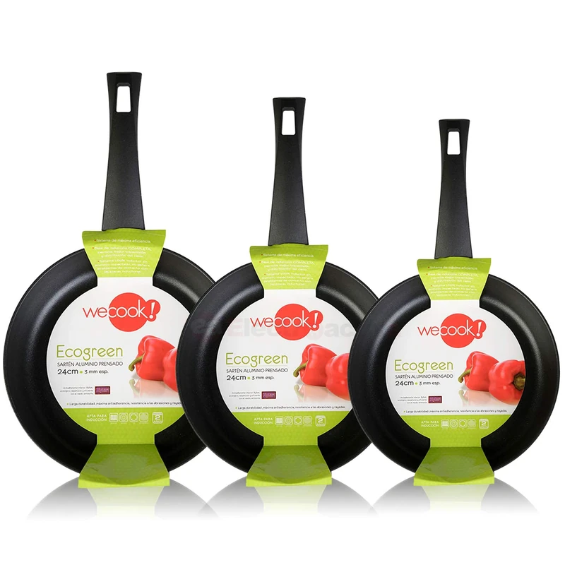 WECOOK Ecogreen Set of 3 Frying Pans 18 ? 20 ? 24 cm Aluminium, Induction, Non-Stick, Eco-Friendly PFOA Dishwasher Safe, Suitable for All Hobs, Ceramic, Gas, Black, 18 ? 20 ? 24