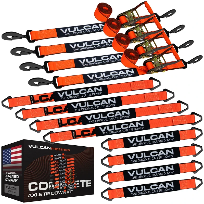 VULCAN Complete Axle Strap Tie Down Kit with Snap Hook Ratchet Straps - PROSeries - Includes (4) 22 Inch Axle Straps, (4) 36 Inch Axle Straps, and (4) 8' Snap Hook Ratchet Straps - Image 1