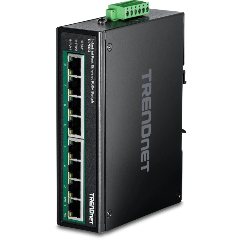 TRENDnet 8-Port Industrial Fast Ethernet PoE+ DIN-Rail Switch, TI-PE80, 8 x Fast Ethernet PoE+ Ports, IP30 Network Unmanaged Switch, 200W PoE Power Budget, 1.6 Gbps Switching Capacity