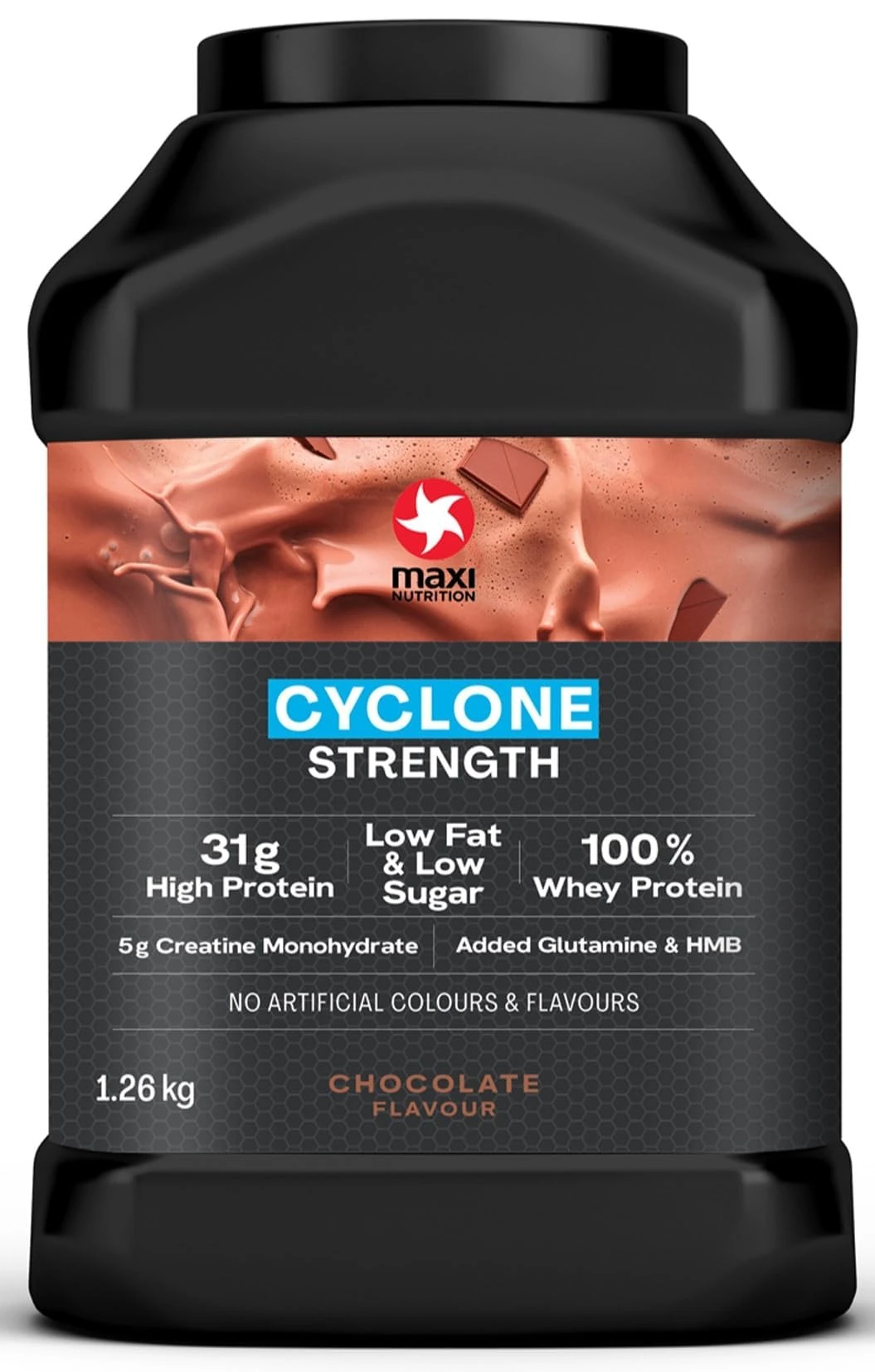 MaxiNutrition - Cyclone, Chocolate - Premium Whey Protein Powder with Added Creatine – Low in Sugar and Fat, Vegetarian-Friendly - 31g Protein, 204 kcal per Serving, 1.26kg