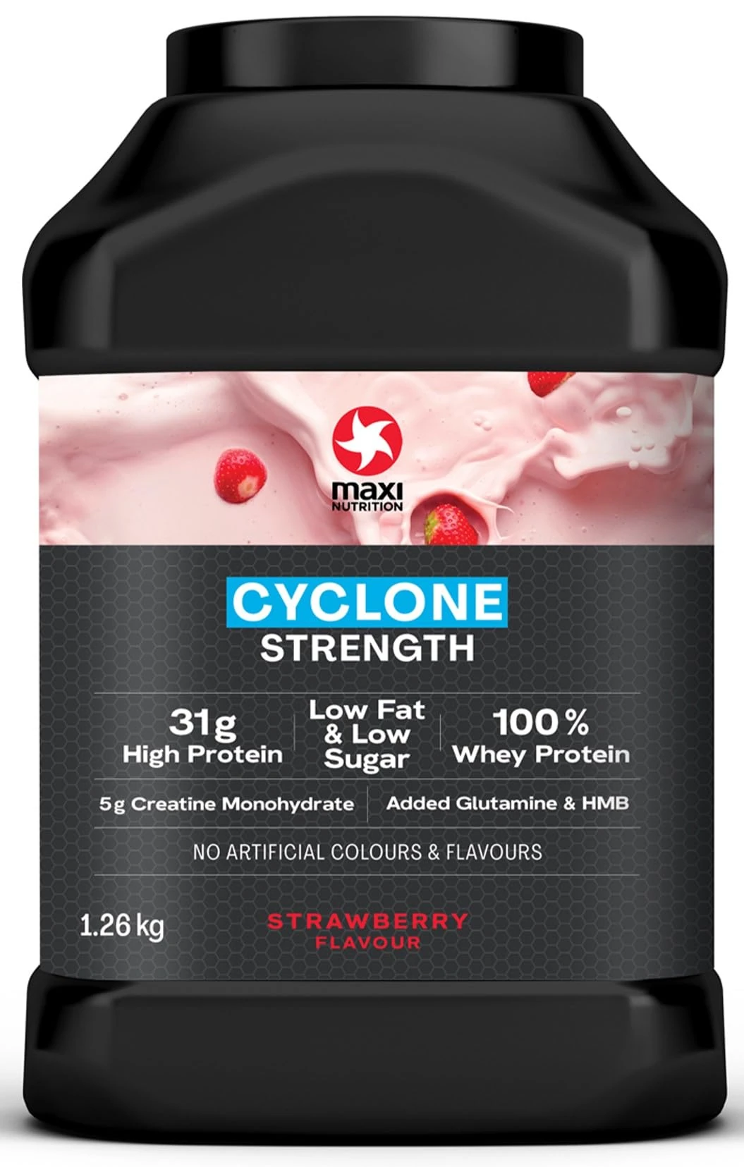 MaxiNutrition Cyclone, Strawberry - Premium Whey Protein Powder with Creatine, Glutamine & HMB – Low in Sugar and Fat, Vegetarian-Friendly - 31g Protein Shake Powder, 205 kcal per Serving, 1.26kg