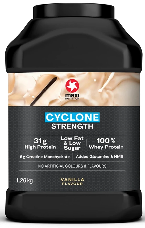 MaxiNutrition - Cyclone, Vanilla - Premium Whey Protein Powder with Added Creatine, Glutamine & HMB – Low in Sugar and Fat, Vegetarian-Friendly - 31g Protein,1.26kg. NO Artificial Colours OR Flavours