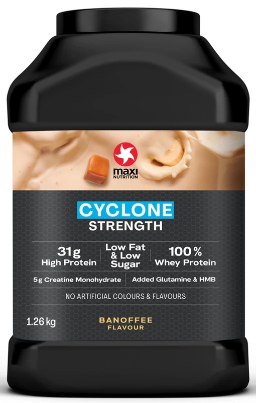 MaxiNutrition - Cyclone, Banoffee - Premium Whey Protein Powder with Added Creatine, Glutamine & HMB – Low in Sugar and Fat, Vegetarian-Friendly - 31g Protein, 204 kcal per Serving, 1.26kg