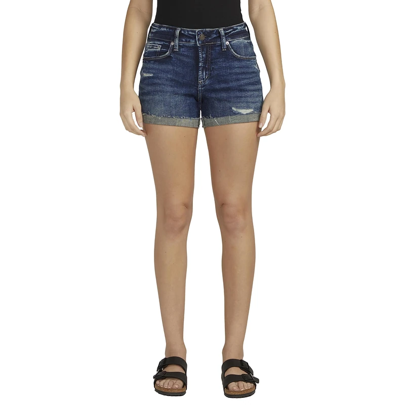 Silver Jeans Co. Women's Suki Mid Rise Short, Distressed Dark Indigo, 27W