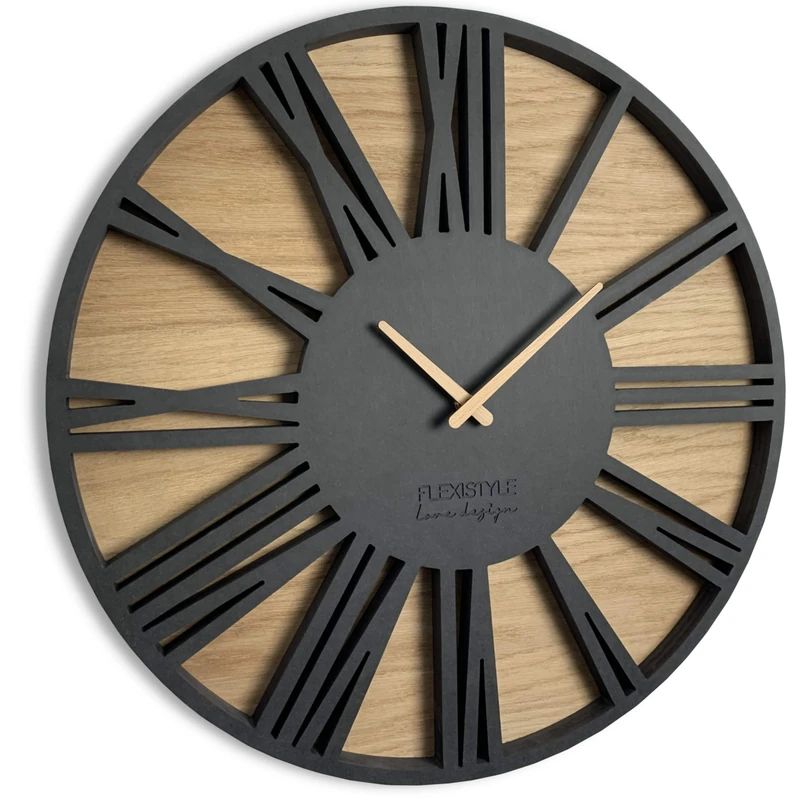 Modern wood wall clock Roman LOFT 50cm diameter oak black silent movement living room bedroom