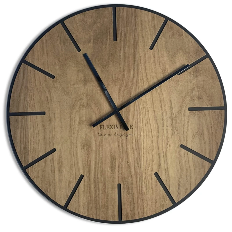 FLEXISTYLE Z216-2 Large Wall Clock without Ticking Noises Wood Art Black 60 cm Living Room Bedroom Made in EU