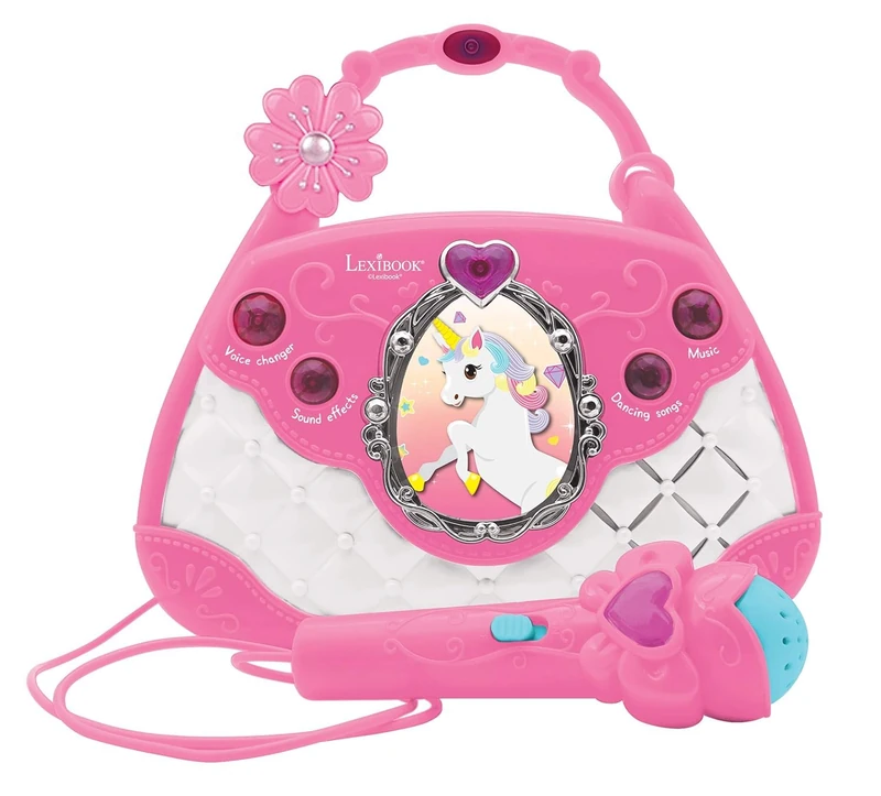 Lexibook, Unicorn, Karaoke Bag with Microphone, voice changer, demo songs, light effects, mic included, aux-in input, pink/blue, K102UNI - Image 1