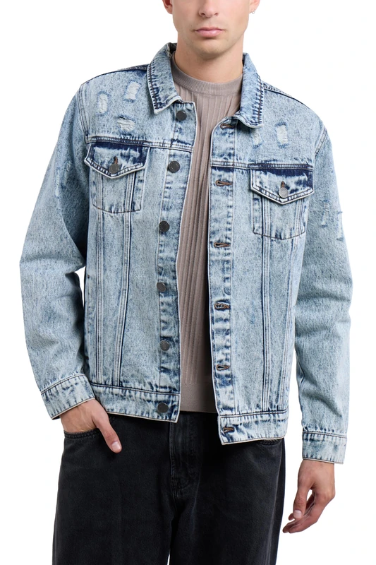 X RAY Mens Denim Jacket Ripped Casual Trucker Distressed Jean Jacket for Men - Blue - Medium