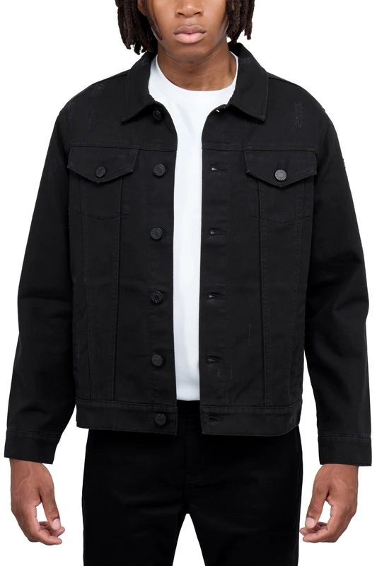 X RAY Mens Denim Jacket Ripped Casual Trucker Distressed Jean Jacket for Men - Black - Medium