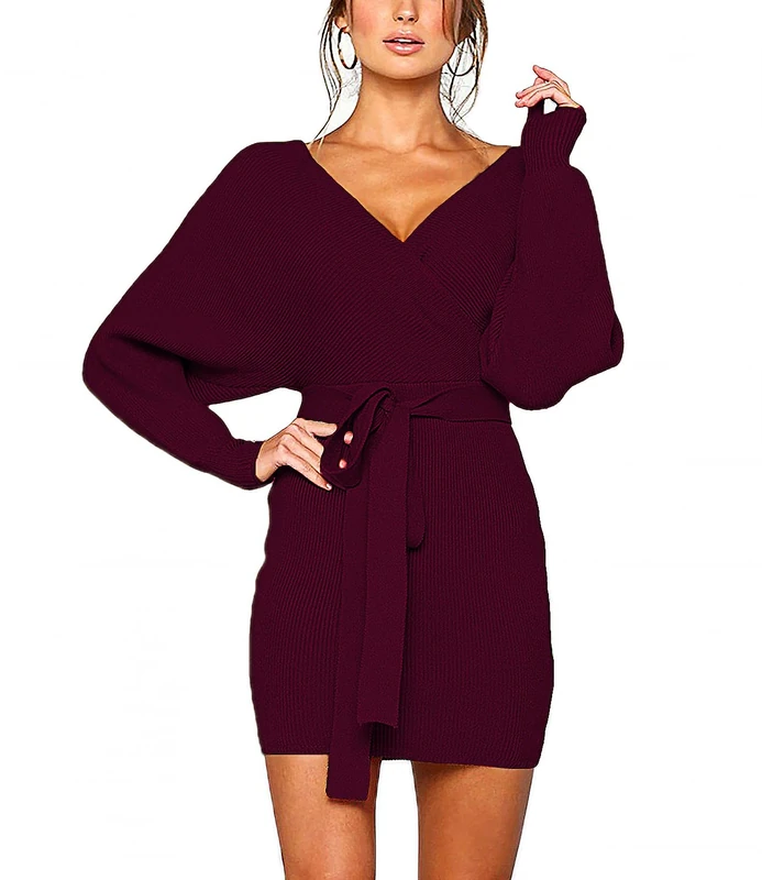 MANSY Women's Sexy Cocktail Batwing Long Sleeve Backless Mock Wrap Knit Sweater Mini Dress - Red - Small