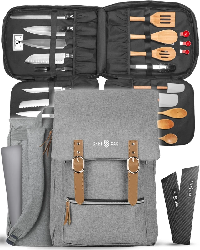 Chef Knife Bag Vintage Backpack | 30+ Pockets for Knives and Chef Tools | Knife Carrying Case with Hidden Back Pocket for Tablet | Sturdy Knife Bag for Chefs & Culinary Students (Grey) - Image 1