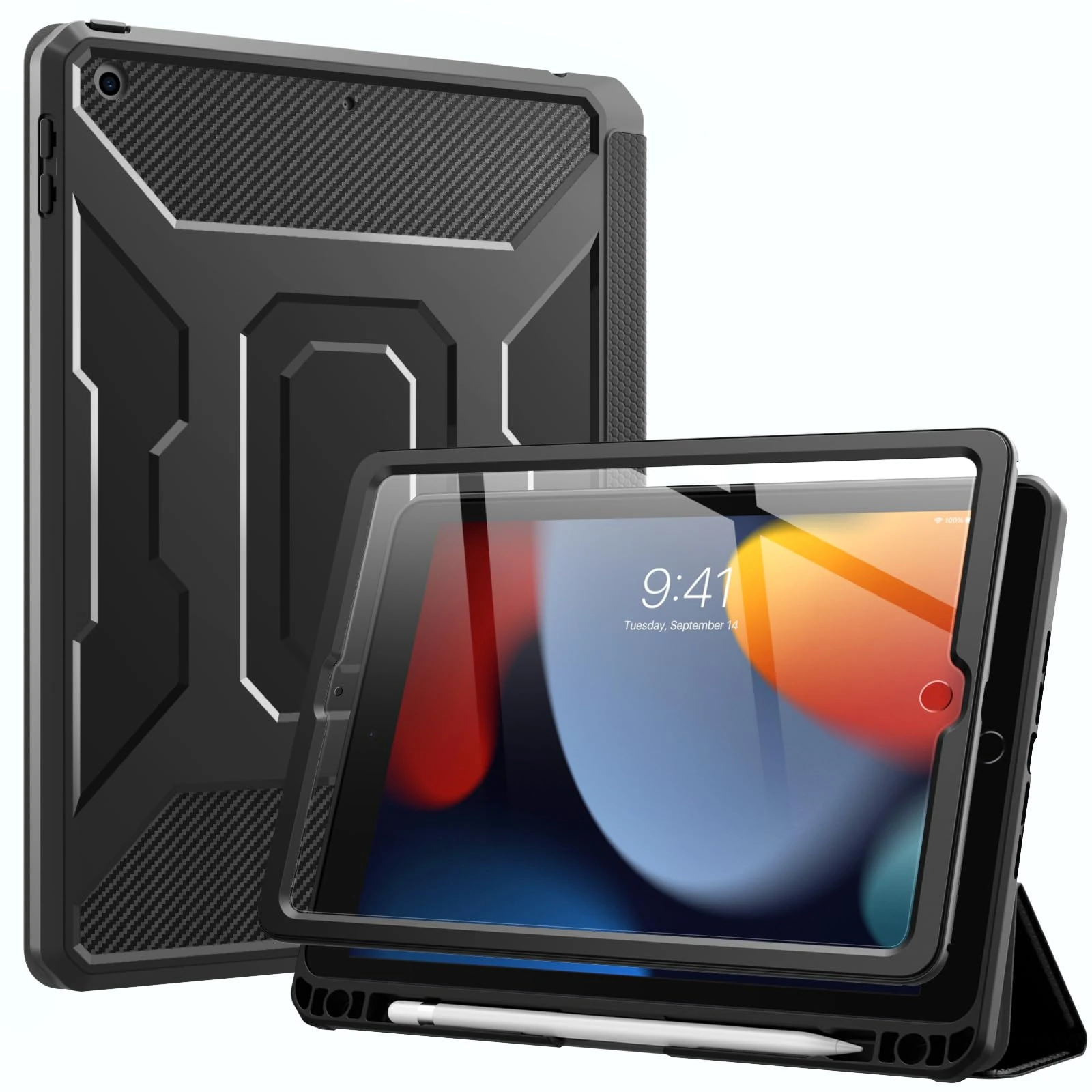MoKo Case for iPad 10.2, Fit iPad 9th Gen 2021/ iPad 8th/7th Gen 2020/2019, Built-in Screen Protector Full-Body Shockproof Cover Multiangles Stand with Auto Sleep/Wake & Pencil Holder, Black