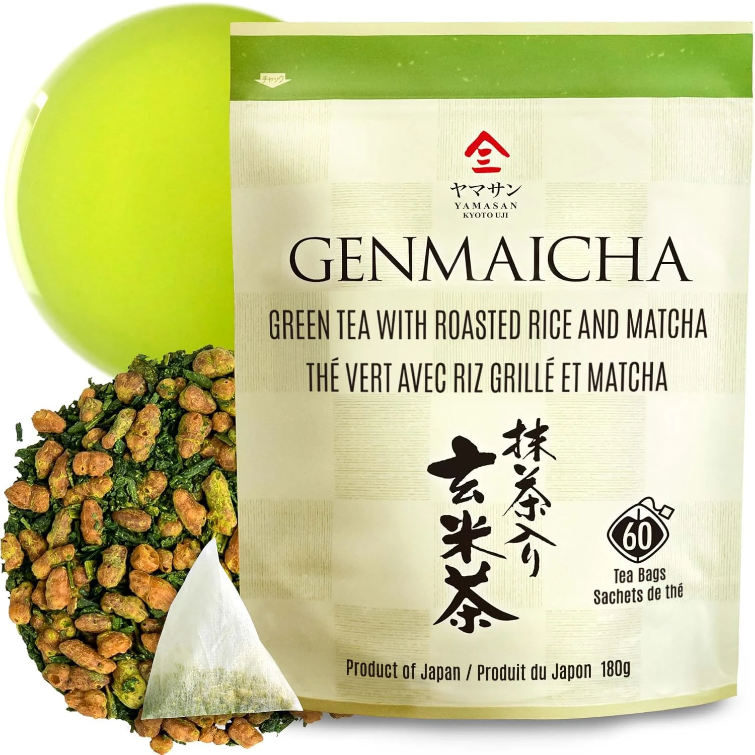 chaganju Genmaicha Green Tea with Roasted Brown rRce, Low caffeine, Japanese Tea, 3g×60 tea bags